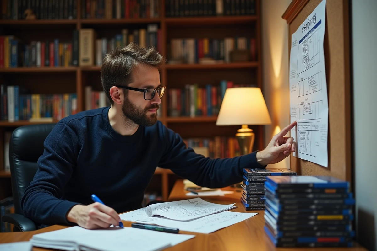 Cinéphile analysant la chronologie des films Batman devant un tableau de continuités fait main