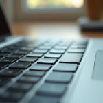 Clavier d'ordinateur portable sur bureau en bois avec lumière naturelle