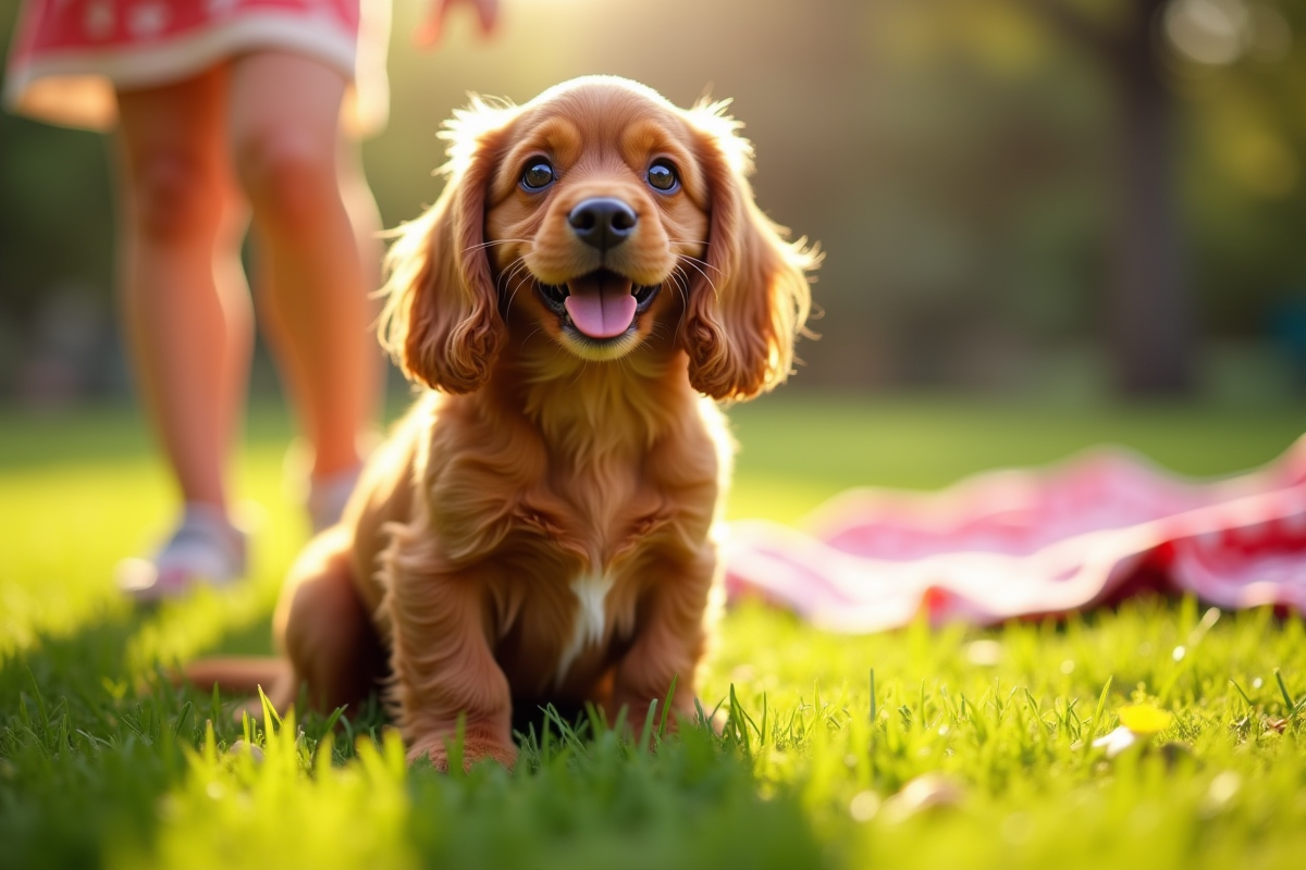 Jeune cocker spaniel souriant sur l'herbe en plein air