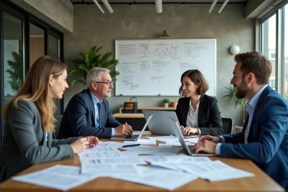 Équipe pluridisciplinaire de chercheurs et professionnels réunis autour d'une table de travail dans un bureau moderne, illustrant la collaboration quotidienne entre sciences et société