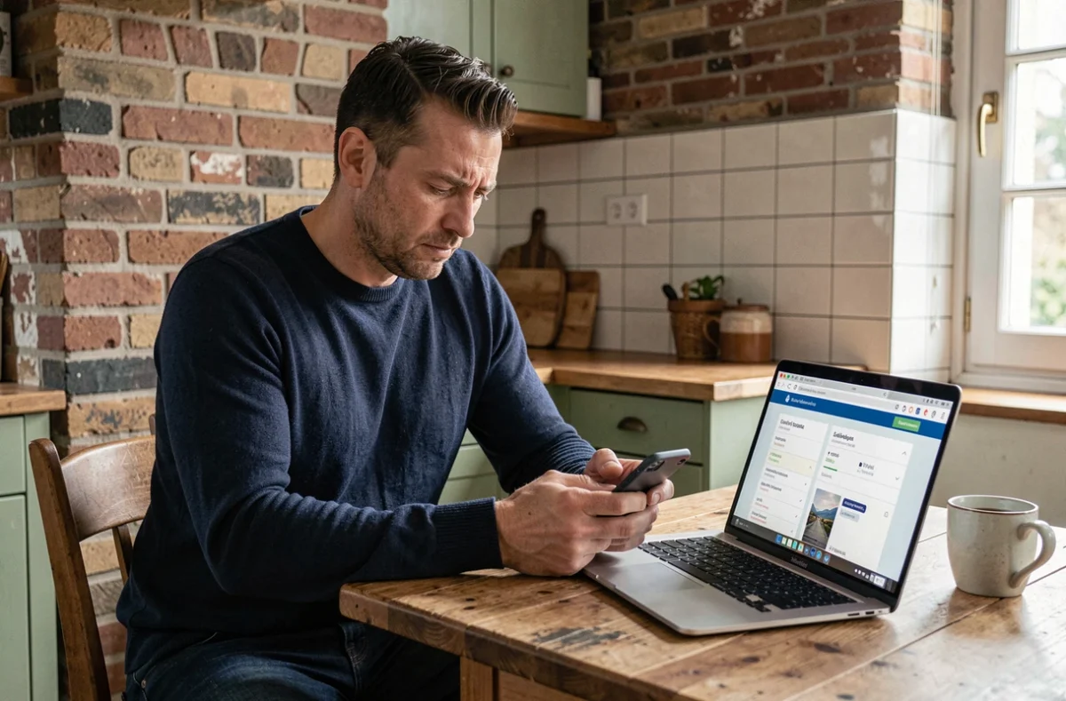 Homme comparant les tarifs des opérateurs téléphoniques pour les appels entre la Belgique et la France sur son smartphone