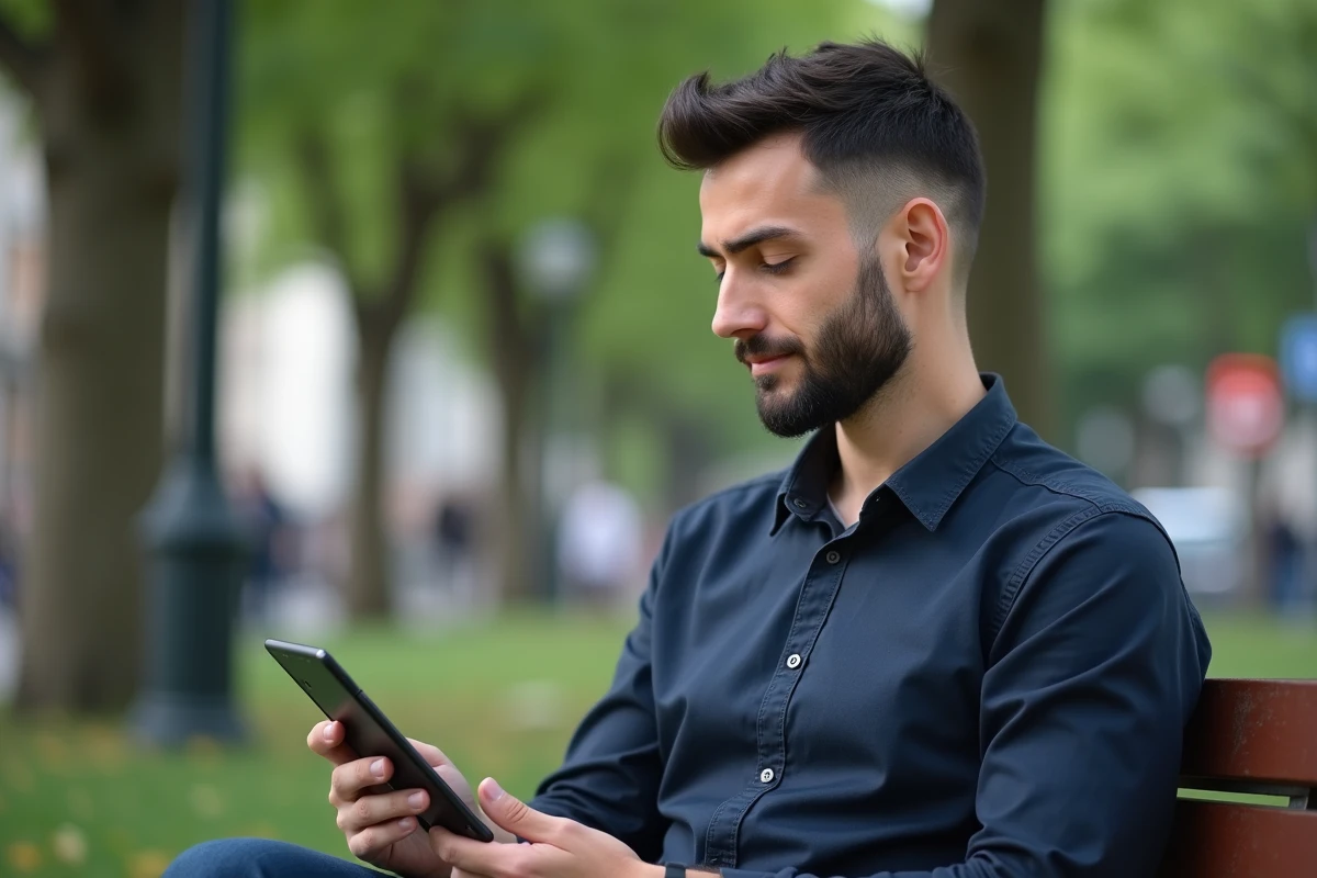 Homme comparant un téléphone 6 pouces et une tablette 8 pouces côte à côte dans un parc urbain