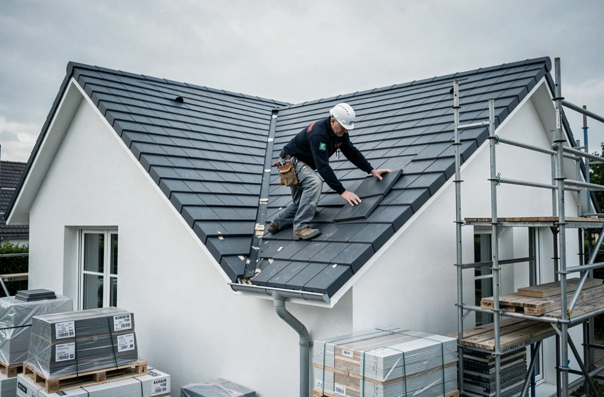 Artisan couvreur de Concept Toiture posant des tuiles sur une maison parisienne