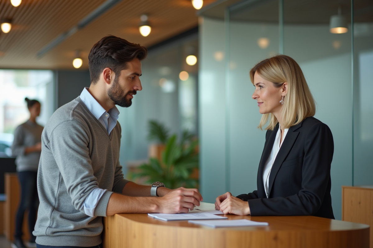 Homme discutant taux hypothécaire avec conseiller bancaire