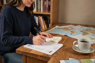 Femme prenant des notes de conversion miles kilomètres dans un carnet de voyage posé sur un bureau en bois