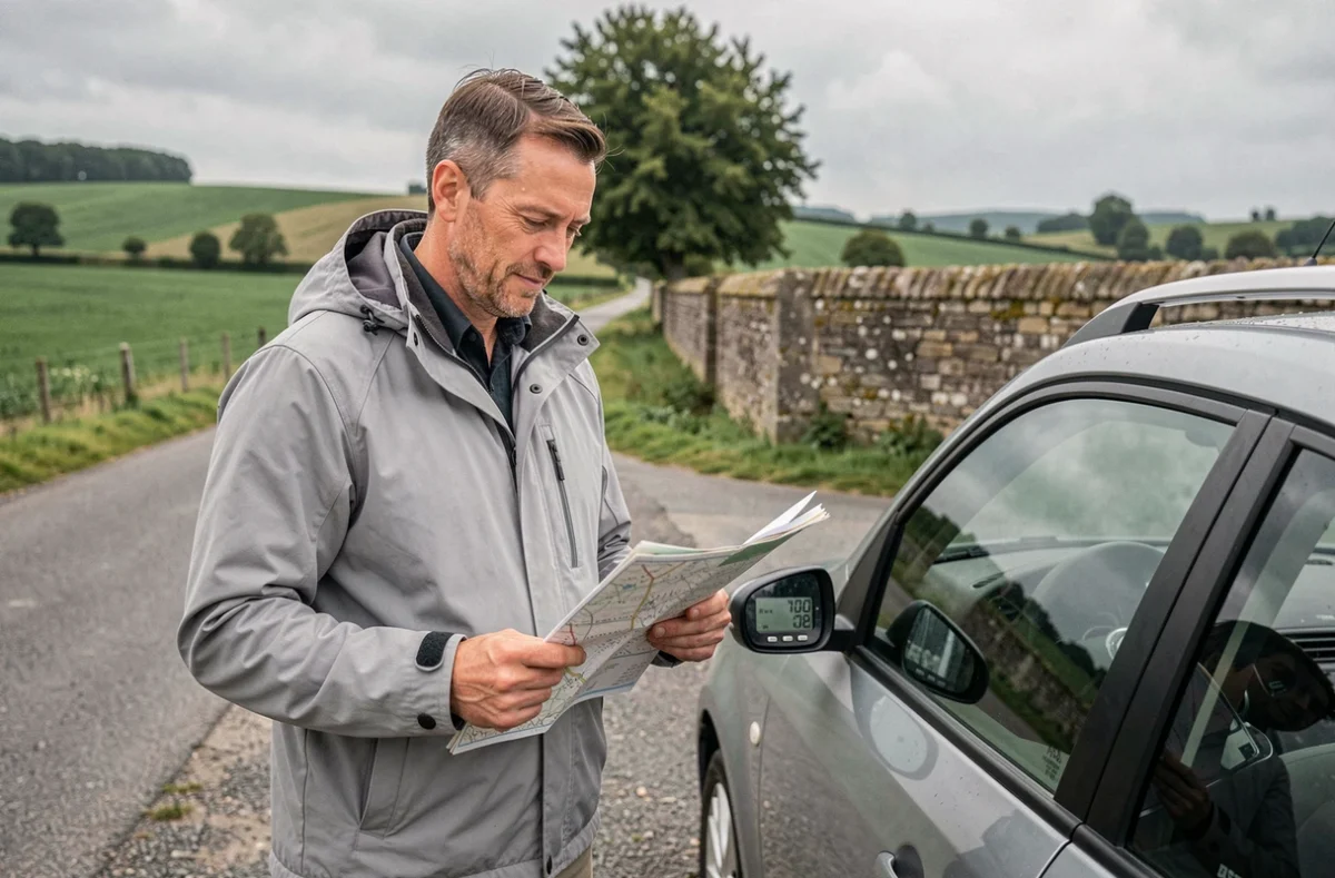 Homme consultant une carte routière près d'une voiture de location en France pour convertir des miles en kilomètres