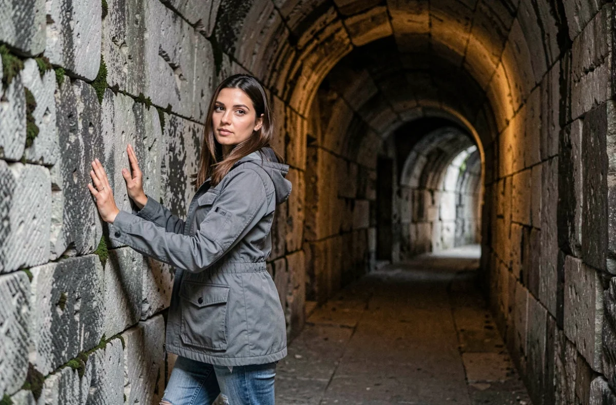 Couloir souterrain en pierre évoquant le labyrinthe du Minotaure avec une exploratrice longeant les murs taillés