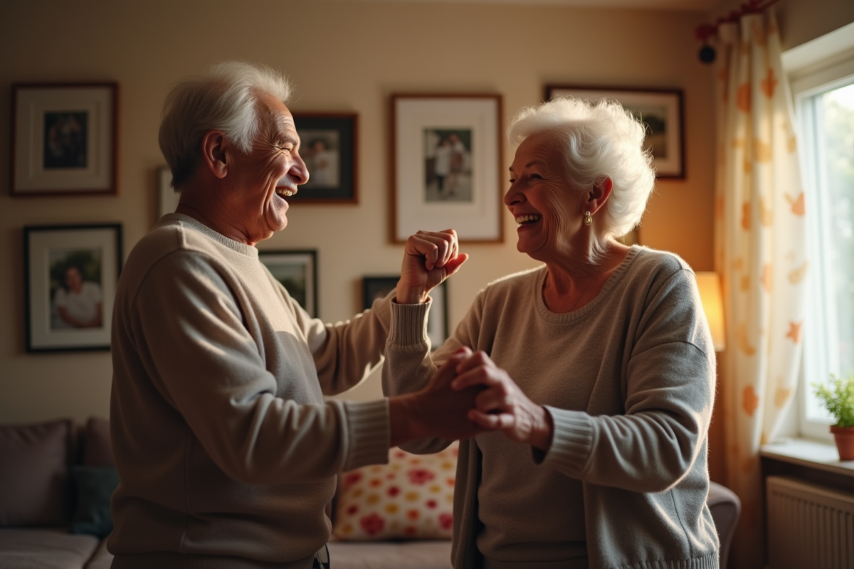 Couple senior dansant dans un salon chaleureux et intime
