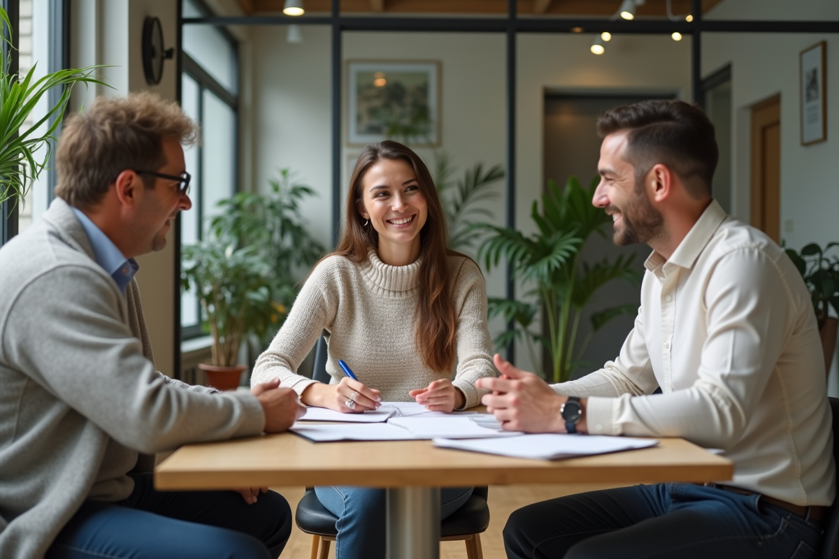 Couple discutant avec un conseiller bancaire dans un bureau immobilier