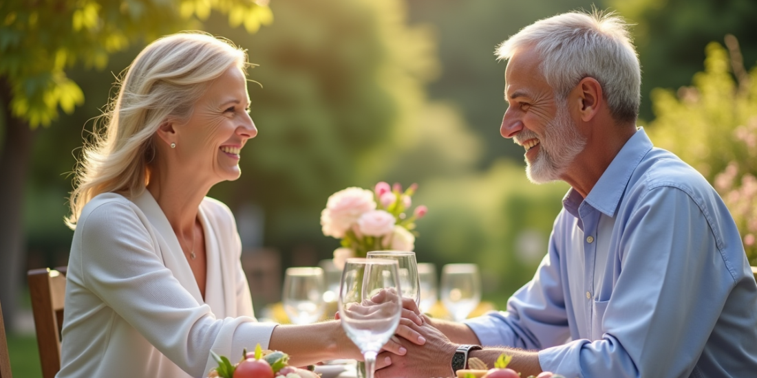 Couple mature souriant main dans la main lors d'un dîner d'été