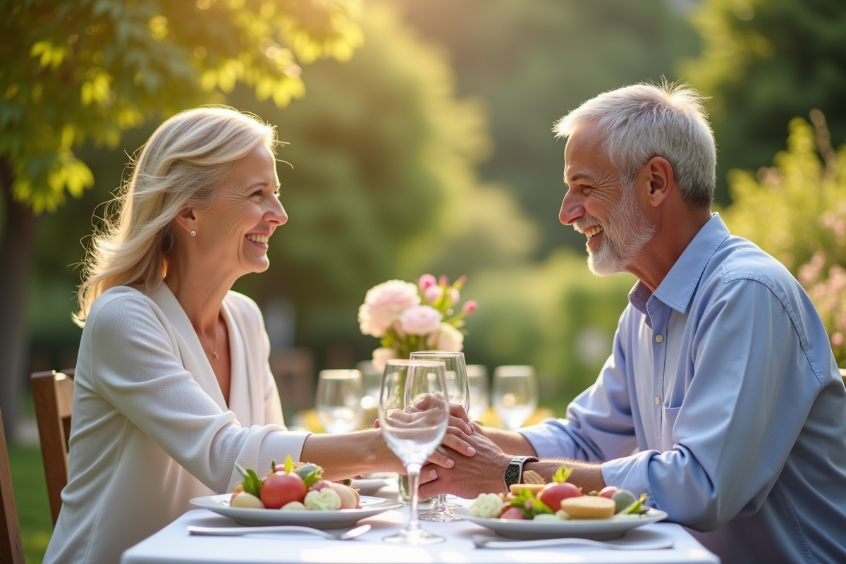 Couple mature souriant main dans la main lors d'un dîner d'été