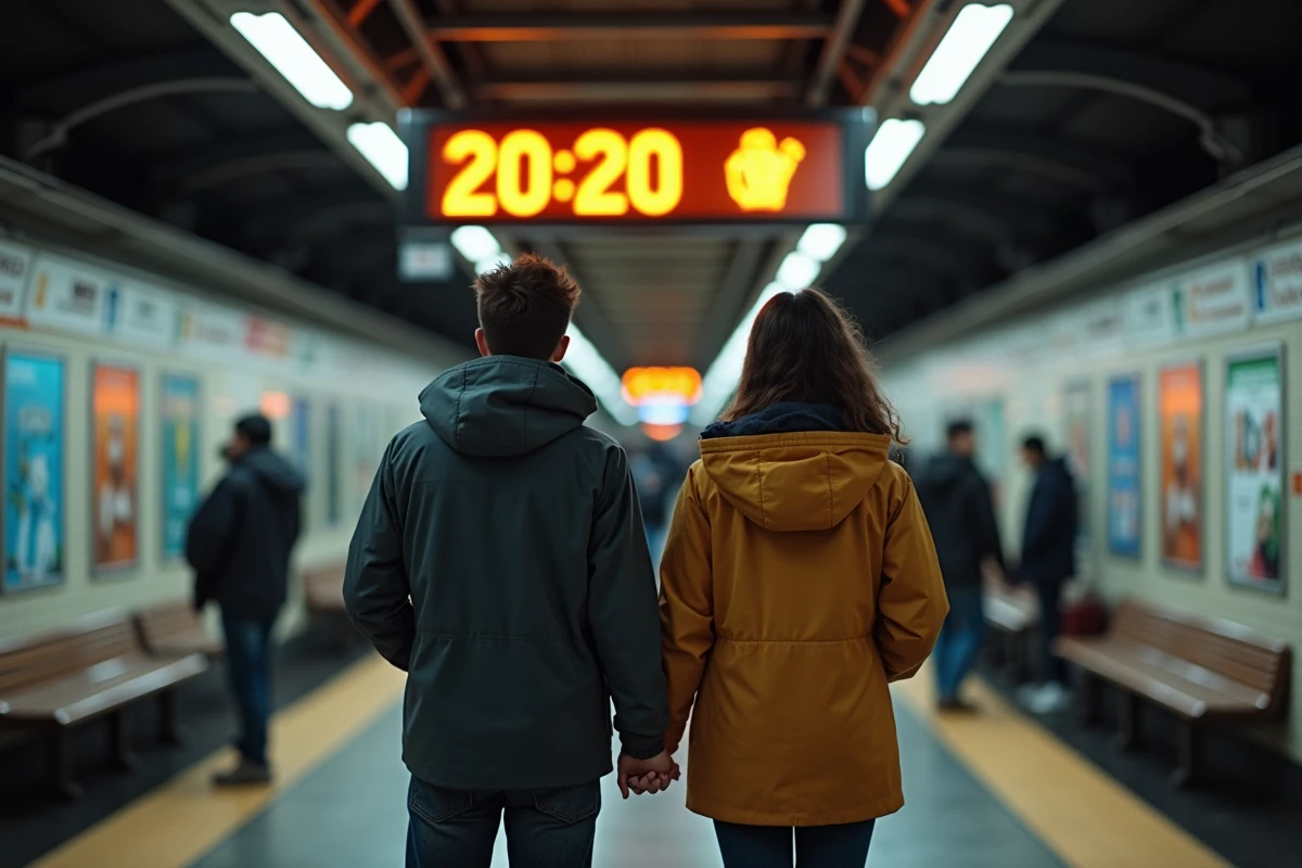 Jeune couple attendant le train dans une station de métro