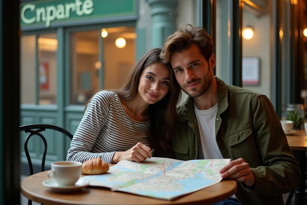 Couple étudiant le plan du métro parisien ligne 6 attablé dans un café près d'une station