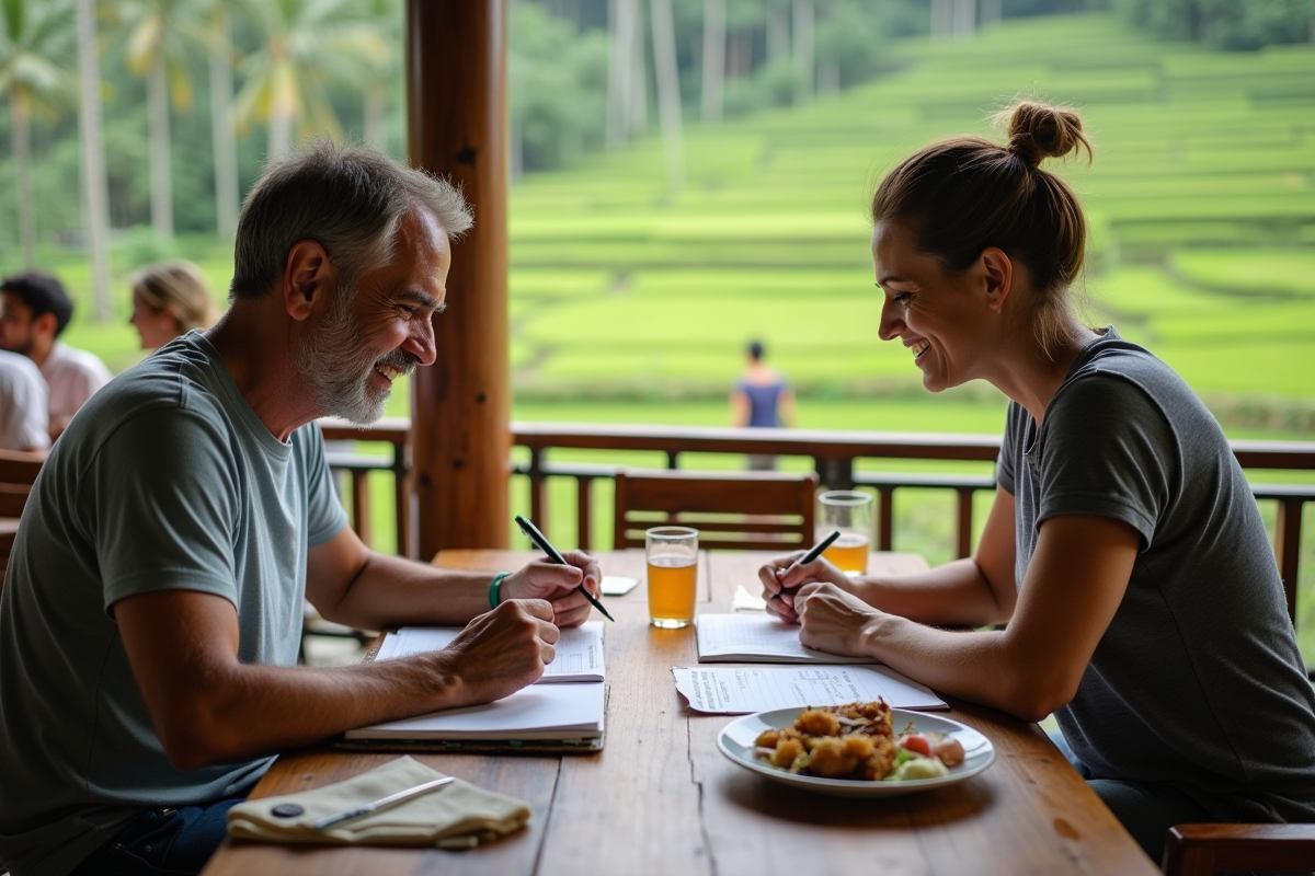 Couple à Ubud vérifiant reçus dans un café en plein air