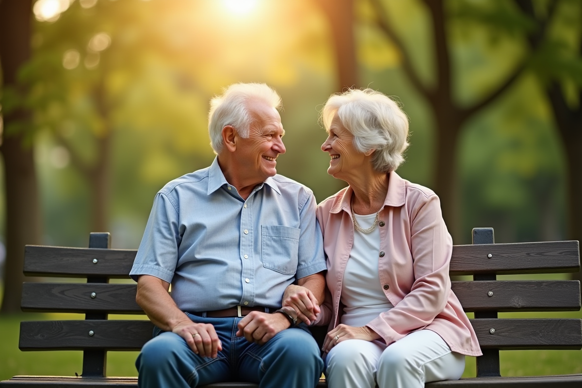 Couple senior assis main dans la main dans un parc ensoleille