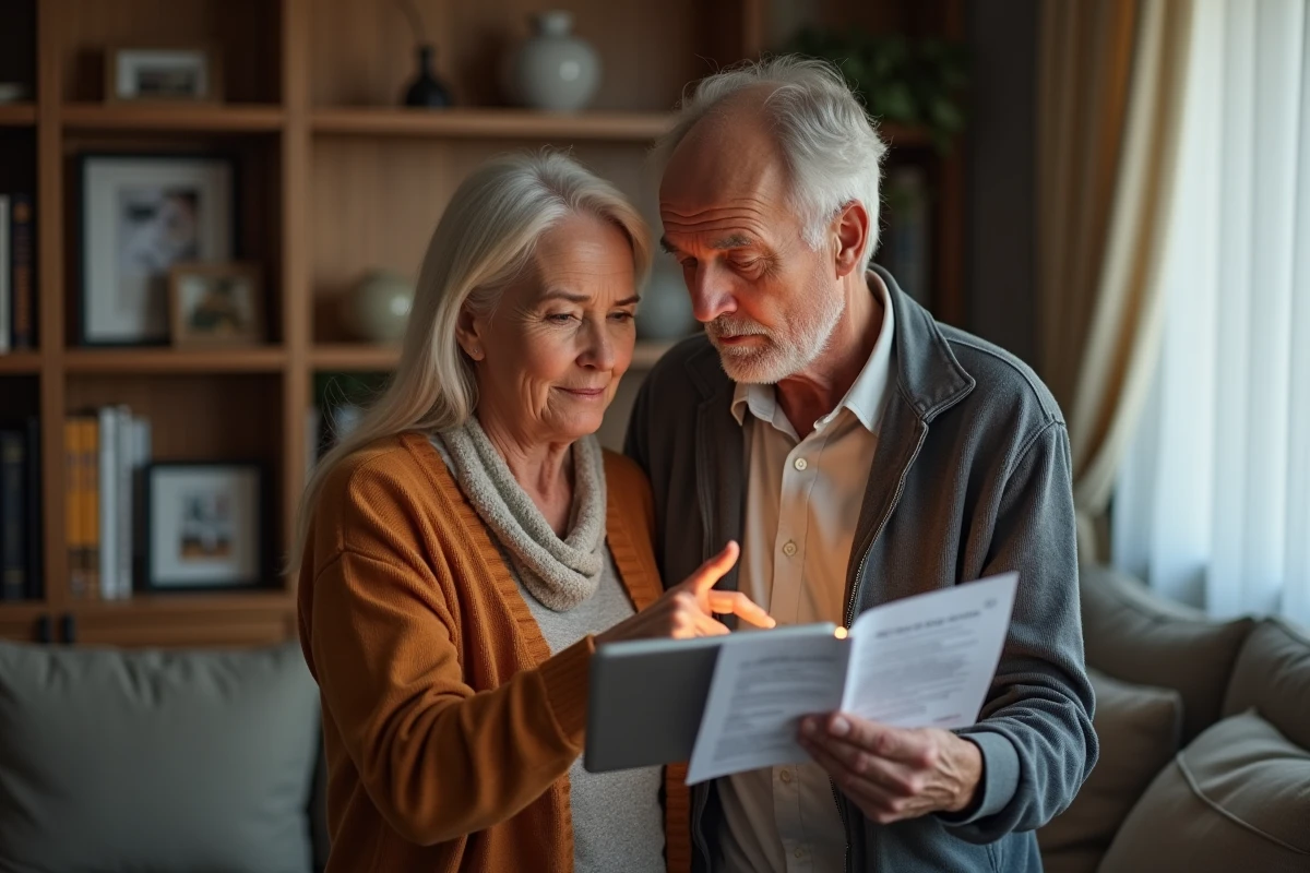 Couple de seniors examinant un email d'abonnement douteux sur une tablette dans leur salon