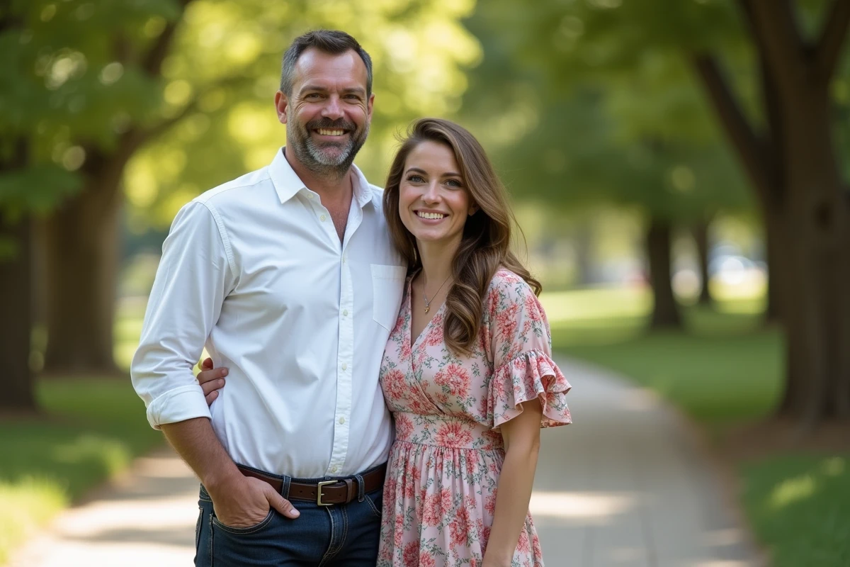 Couple souriant en tenue décontractée dans un parc verdoyant, illustrant la vie de couple et le contexte personnel évoqués dans l'article sur David Doukhan
