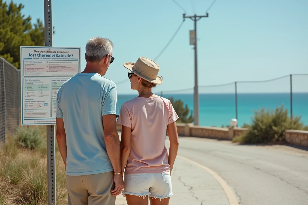 Couple de touristes lisant un panneau d'information sur la sécurité près d'une plage de La Ciotat, illustrant les bonnes pratiques pour les vacanciers dans une zone urbaine sensible