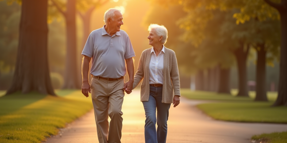 Couple âgé main dans la main dans un parc ensoleille