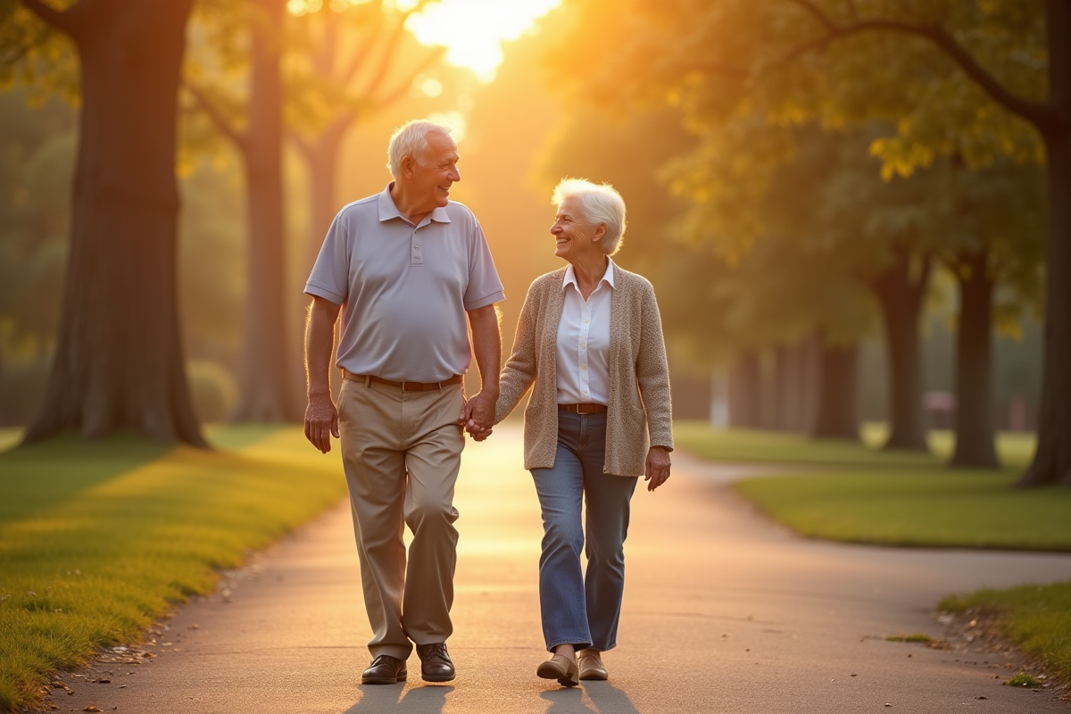 Couple âgé main dans la main dans un parc ensoleille