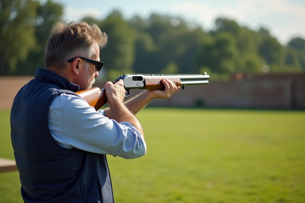 Tireur de clay targets en extérieur prêt à tirer