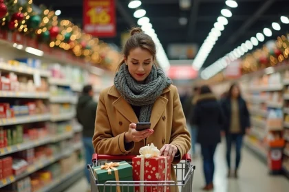 Femme faisant ses courses de fête dans un supermarché ouvert le dimanche avant Noël