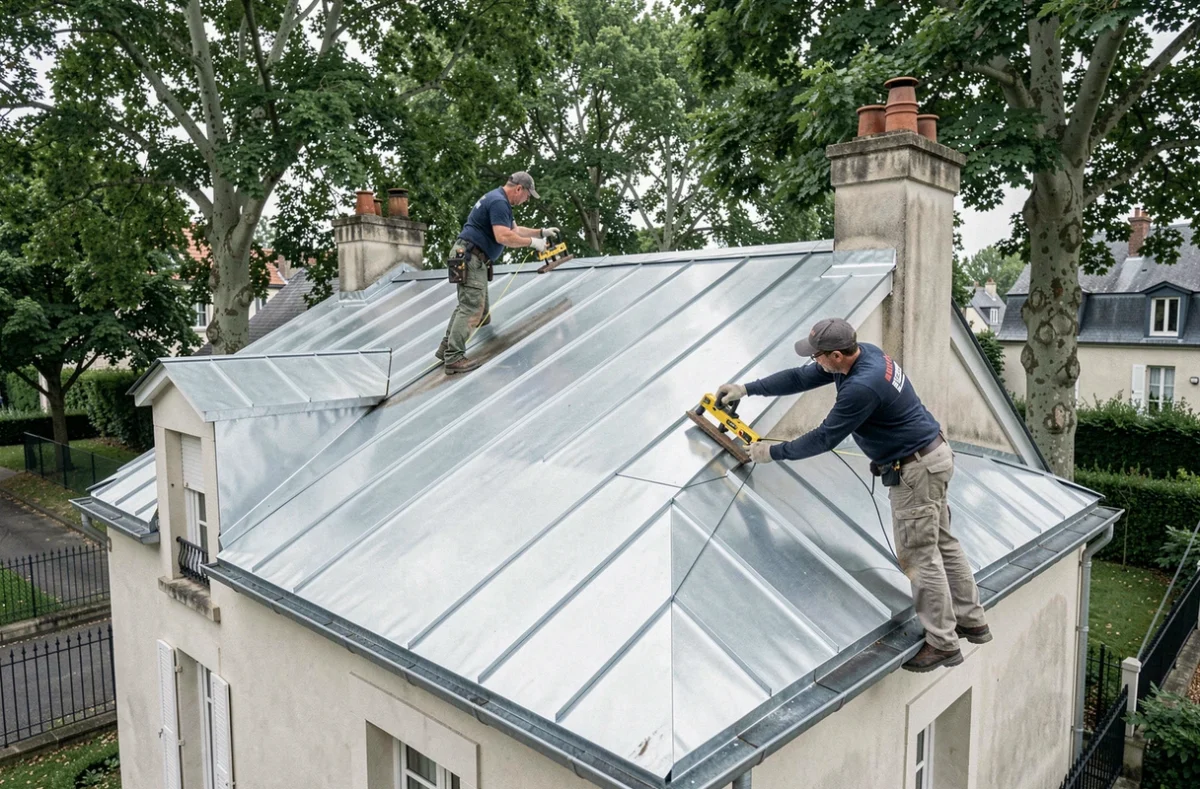 Équipe de Couverture Francilienne installant une toiture en zinc sur une maison de banlieue parisienne
