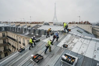 Couvreurs professionnels travaillant sur les toits parisiens en Île-de-France avec vue sur la ville