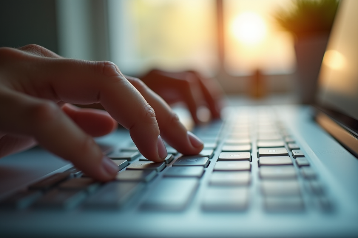 Mains tapant sur un clavier de bureau avec lumière du matin