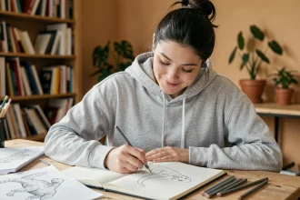 Jeune femme dessinant un dinosaure étape par étape dans un carnet de croquis sur un bureau en bois