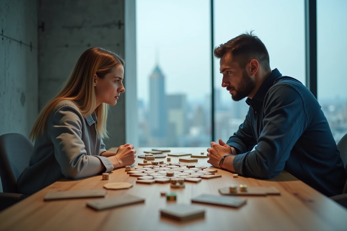 Deux joueurs adultes en pleine partie de jeu de stratégie de guerre réaliste sur plateau hexagonal dans un appartement moderne