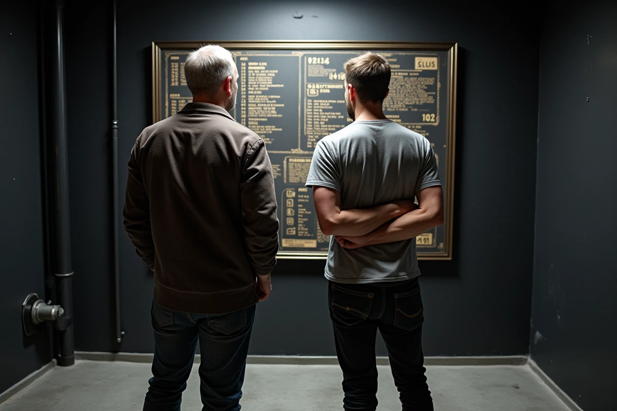 Deux hommes collaborant pour déchiffrer des indices sur un tableau de salle d'escape game niveau par niveau