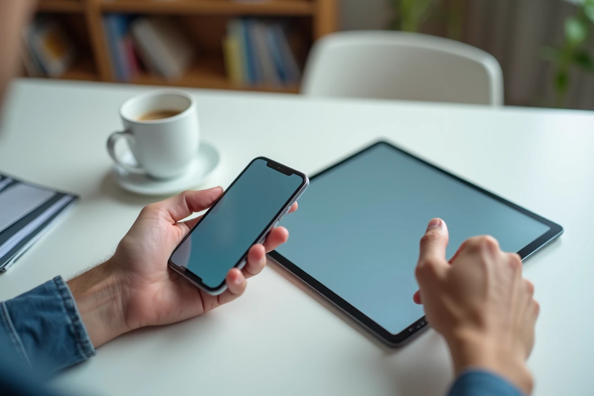 Vue en plongée de deux mains adultes tenant un smartphone 6 pouces et une tablette 8 pouces sur un bureau blanc pour illustrer la différence de taille d'écran