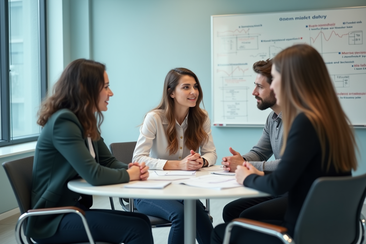 Jeunes professionnels discutant de politique monétaire en réunion