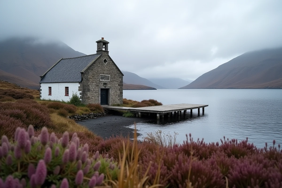 Distillerie traditionnelle en pierre au bord du Loch Lomond en Écosse, entourée de collines couvertes de bruyère sous un ciel nuageux typique des Highlands