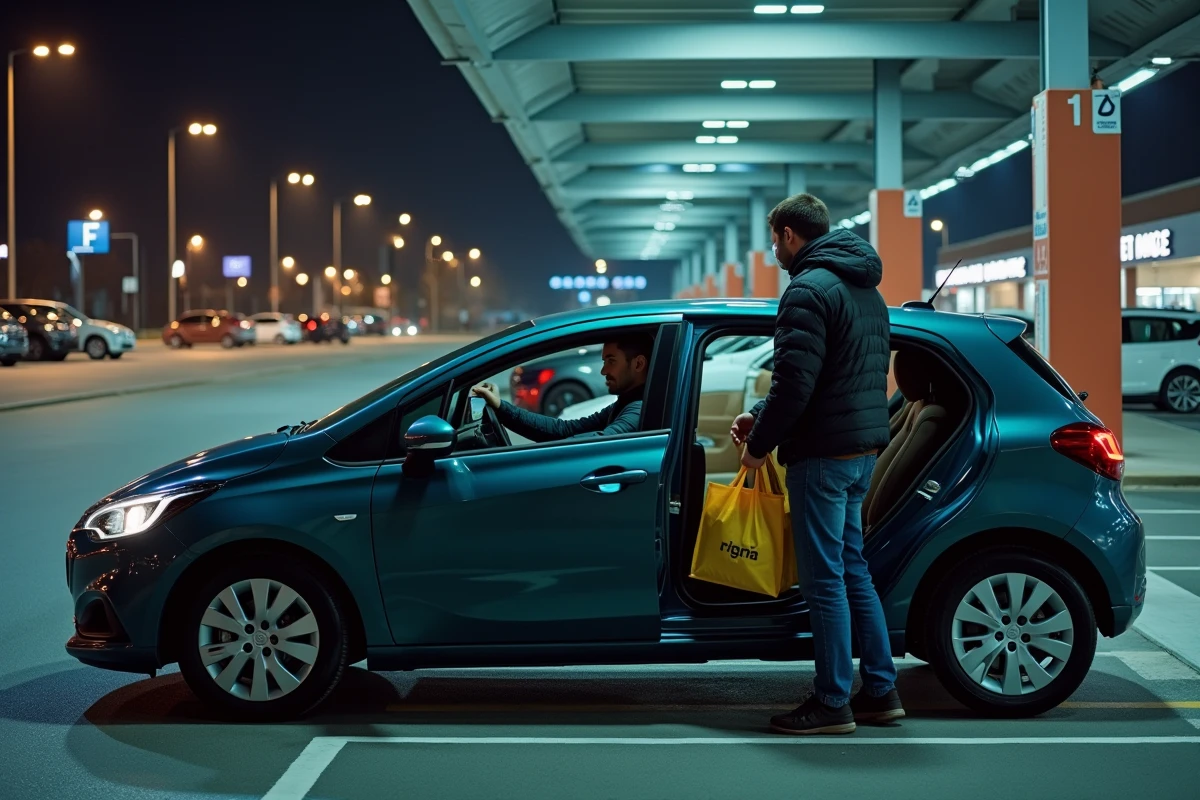 Client récupérant sa commande au drive nocturne d'un supermarché avant les fêtes de fin d'année