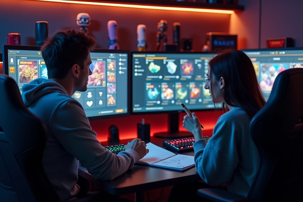 Deux joueurs adultes planifiant leur stratégie économique sur un jeu MMORPG Dofus dans une salle de gaming