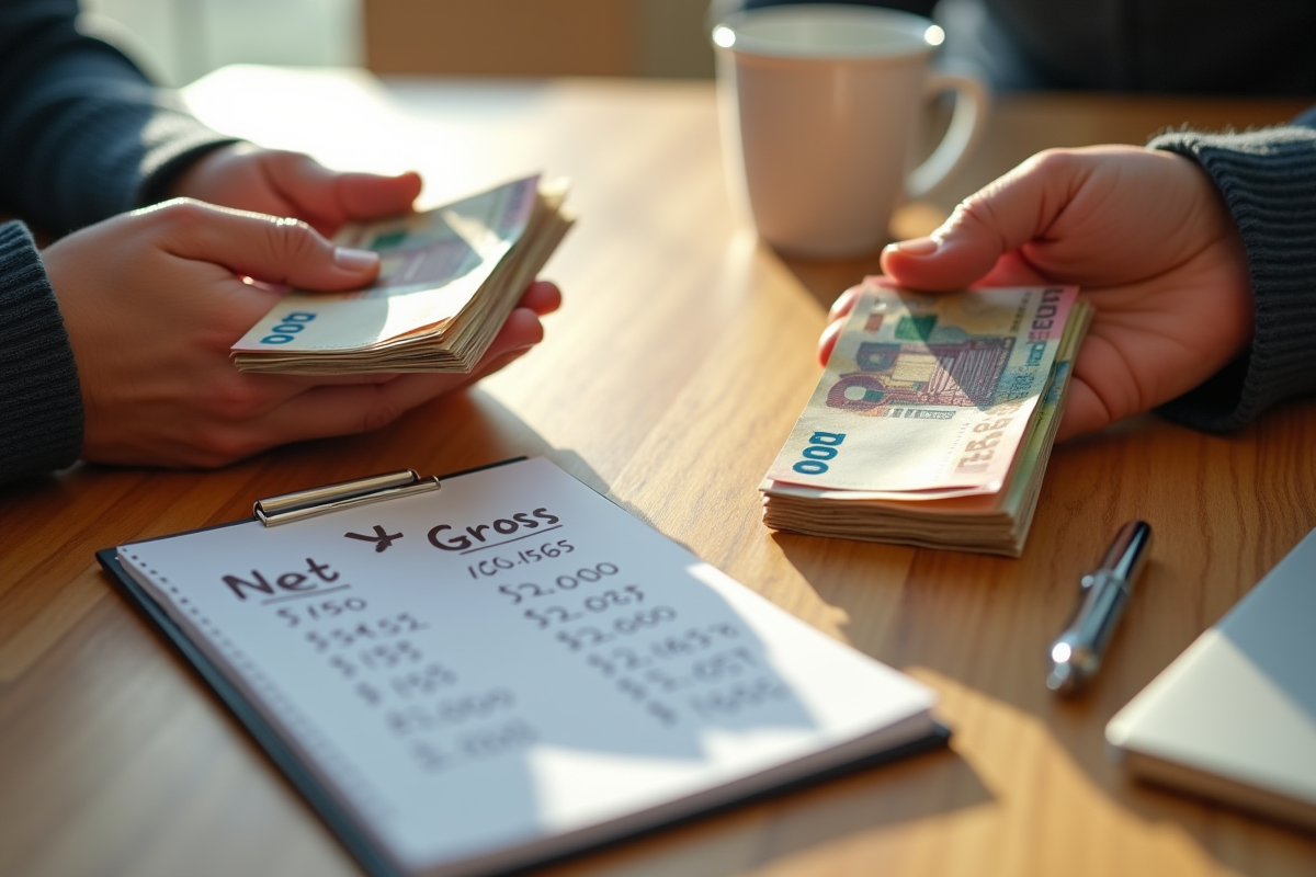 Deux mains échangeant des billets d euros sur un bureau en bois avec calculs de salaire