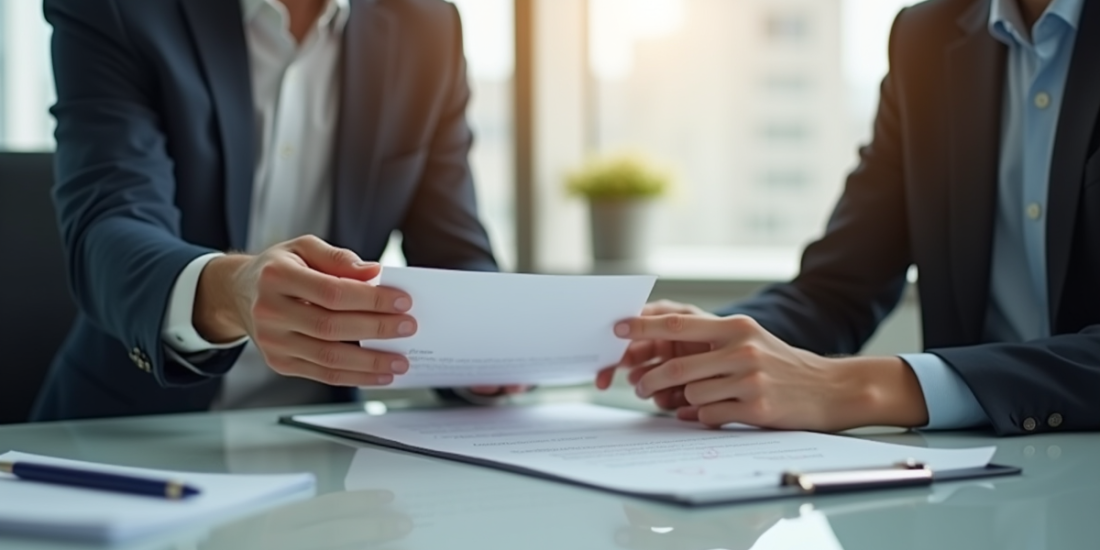 Deux professionnels échangent un document au bureau