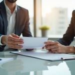 Deux professionnels échangent un document au bureau