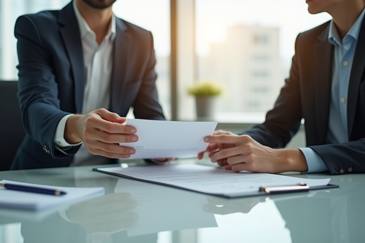 Deux professionnels échangent un document au bureau