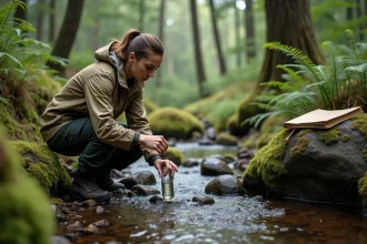 Écologue femme collectant des échantillons d'eau dans une forêt tempérée lors d'un diagnostic environnemental