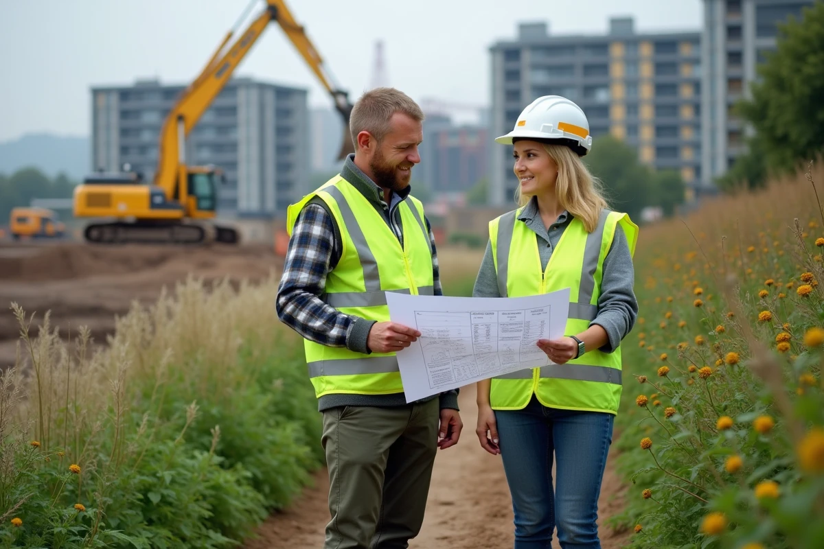 Deux écologues en gilet jaune étudiant un plan d'aménagement à la limite d'un chantier de construction urbain