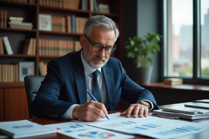 Économiste homme en costume analysant des graphiques dans son bureau