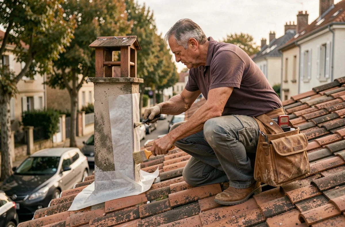Artisan ELB appliquant une membrane d'étanchéité autour d'une cheminée sur un toit en tuiles