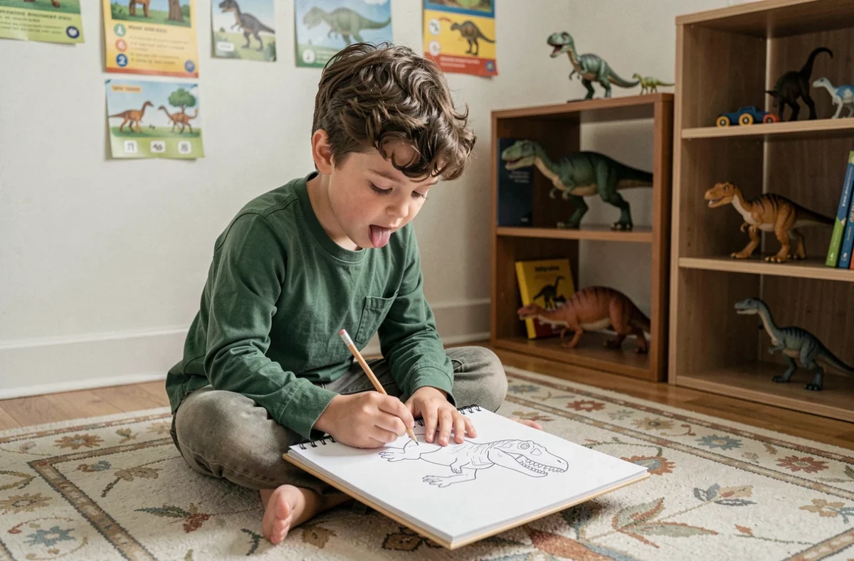 Enfant assis sur le sol de sa chambre en train de dessiner un dinosaure facilement sur un bloc de dessin