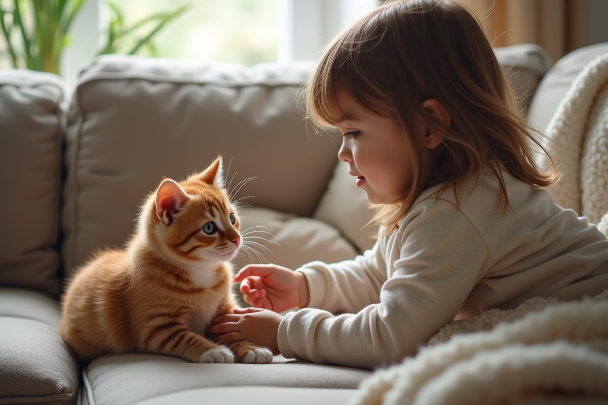 Enfant caressant un chat hypoallergenique sur un canapé