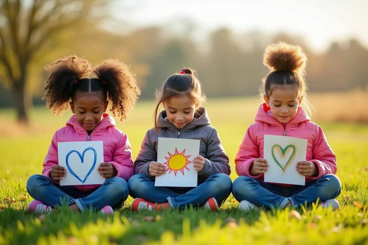 Enfants écrivant sur des cartes colorées dans un champ