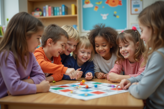 Groupe d'enfants jouant à un jeu éducatif en classe