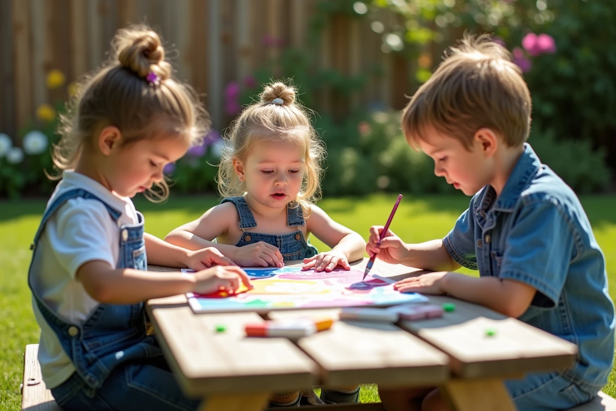 Trois enfants peignant ensemble en extérieur dans le jardin